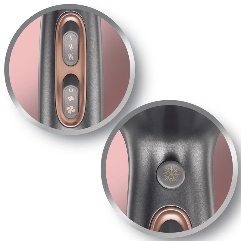 سشوار نیمه حرفهای رمینگتون مدل AC8820، موتور AC با توان مصرفی 2200 وات، دارای فناوری تولید یون، با حالت حجمدهنده وصافکننده، وزن 840 گرم، تنظیم حرارت 3 حالته و کنترل سرعت 2 حالته، به همراه دیسپانسر و 3 عدد سری متمرکزکننده - تصویر 3