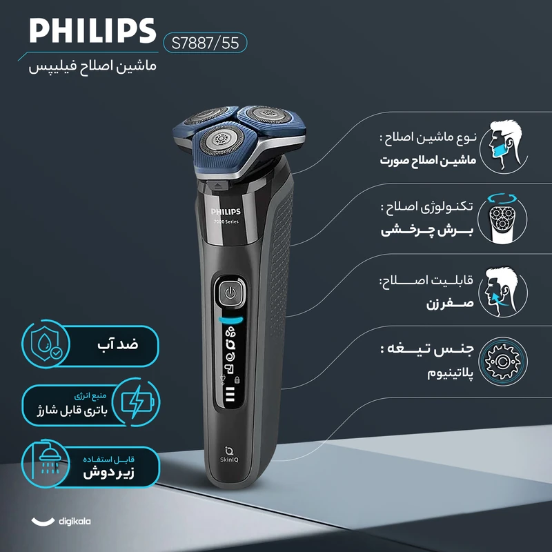 ماشین اصلاح موی صورت فیلیپس مدل S7887/55، اصلاح به صورت صفر زن، منبع انرژی باتری، تکنولوژی اصلاح به صورت برش چرخشی، مدت زمان شارژ 60 دقیقه و مدت زمان استفاده پس از شارژ 60 دقیقه، به همراه استند شارژ، برس تمیزکننده، کیف، ضدعفونیکننده، کابل شارژ USB - تصویر 6